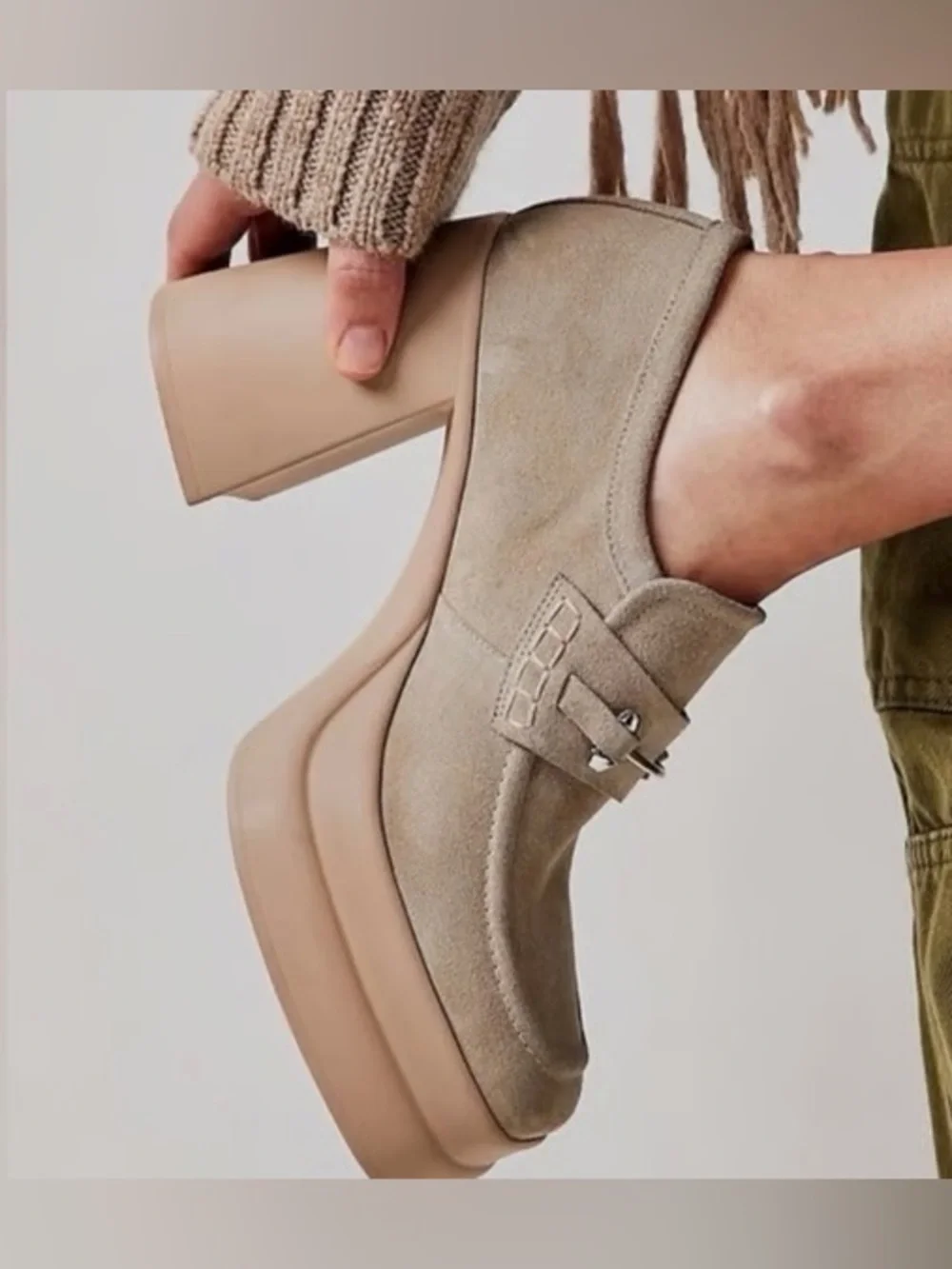Free People Double Stacked Platform Loafers Tan Suede Horsebit Trim